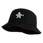 Bigfoot Carrying Fish Design Embroidered Unisex Multipurpose Crushable Cotton Twill Bucket Hat - Black M