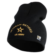 Star US Army Veteran Retired Symbol Embroidered 8 Inch Solid Knit Short Beanie Made in USA - Black OSFM