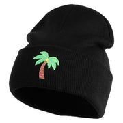 Small Palm Tree with Coconut Embroidered Patched 12 Inch Long Knitted Beanie - Black OSFM