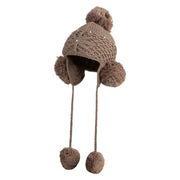 Women's Pearl Knitted Beanie with Ear Pom Poms with Tiestring - Brown OSFM