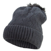 Women's Faux Fur Pom Pom Cuff Long Beanie - Black OSFM