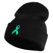 Green Awareness Iron on Embroidered Patched 12 Inch Long Knitted Beanie - Black OSFM