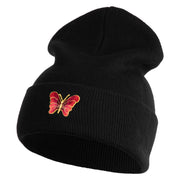 Small Decorative Red Butterfly Iron on Patched 12 Inch Long Knitted Beanie - Black OSFM