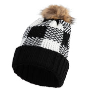 Women's Double Pom Pom Checkered Long Beanie - Black White OSFM
