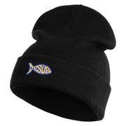 Jesus Fish Religious Iron on Patched 12 Inch Long Knitted Beanie - Black OSFM