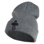 Embroidered Celtic Cross Iron on Patched 12 Inch Long Knitted Beanie - Birch OSFM