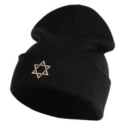Gold Star of David Iron on Patched 12 Inch Long Knitted Beanie - Black OSFM