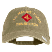 U.S. Marine Corps 4th Marine Division Embroidered Washed Solid Pigment Dyed Cotton Twill Brass Buckle Cap - Khaki OSFM