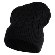 Cable Knit Cuffed Long Beanie - Black OSFM