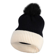 Mohair Pastel Color Pom Pom Ribbed Cuffed Long Beanie - Black OSFM