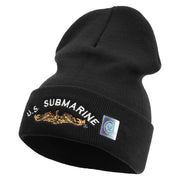 Licensed Made in USA Golden US Submarine Logo Embroidered 12 Inch Solid Knit Cuff Long Beanie - Black OSFM