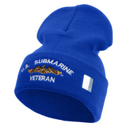 Licensed Made in USA Golden Dolphin US Submarine Veteran Logo Embroidered 12 Inch Solid Knit Cuff Long Beanie - Royal-Blue OSFM