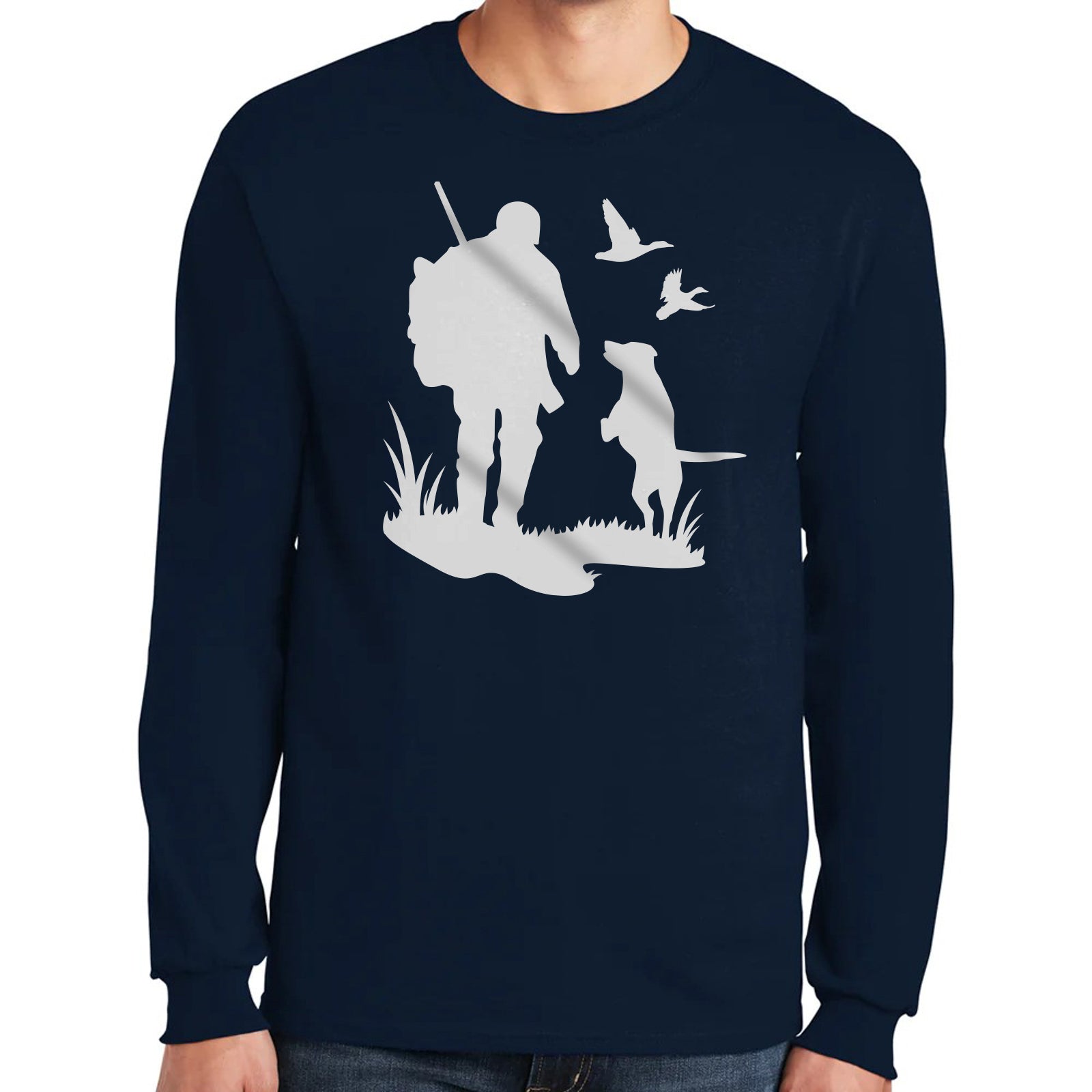 Hunting with Dog Graphic Design Men's Big Size Ultra Cotton Long Sleeve T-Shirt, Navy / 2XL