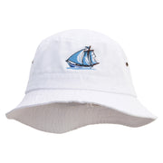 Blue Sail Boat Embroidered Big Size Washed Bucket Hat - White XL-2XL