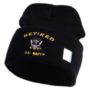 Retired US Navy Logo Embroidered 12 Inch Cuff Long Beanie Made in USA - Black OSFM