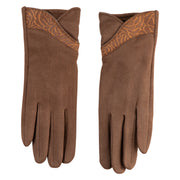 Women's Leopard Print Accent Faux Suede Gloves - Brown OSFM