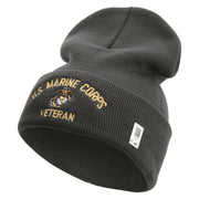 US Marine Corps Veteran Logo Embroidered 12 Inch Solid Knit Cuff Long Beanie Made in USA - Charcoal OSFM