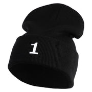 White No. 1 Iron On Glue Patched 12 Inch Long Knitted Beanie - Black OSFM