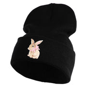 Bunny Easter Embroidered Iron On Patch 12 Inch Long Knitted Beanie - Black OSFM