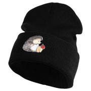 Cute Hedgehog with Ladybug Embroidered Iron On Patched 12 Inch Long Knitted Beanie - Black OSFM