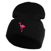 Small Flamingo Bird Embroidered Iron On Patched 12 Inch Long Knitted Beanie - Black OSFM