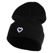 Purple Heart Floral Embroidered Iron On Patched 12 Inch Long Knitted Beanie - Black OSFM