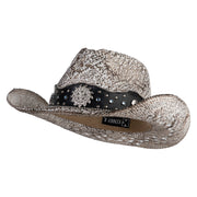 Distressed Western Hat with Gemstone and Studded Band - White-A S