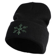 Christmas Snowflakes Rhinestud Iron on Glue Patched 12 Inch Long Knitted Beanie - Black OSFM