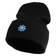 Small Blue Chiffon Daisy Floral Iron On Patched 12 Inch Long Knitted Beanie - Black OSFM