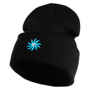 Mirrored Spiral Pinwheel Flower Iron On Patched 12 Inch Long Knitted Beanie - Black OSFM