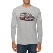Classic Vintage Car Graphic Long Sleeve Crewneck Tee - Heather-Grey XS