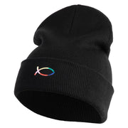 Rainbow Jesus Fish Christian iron on Patched 12 Inch Long Knitted Beanie - Black OSFM