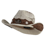 UPF 50+ Western Style Distressed Hat with Sherrif Bald Eagle - White-Brown-Eagle M