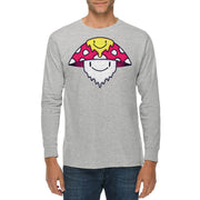 Trippy Mushroom Embroidered Unisex Lane Seven Ring Spun Cotton Premium Long Sleeve T-shirt - Heather-Grey XS