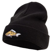Yellow Carp Fish Embroidered Big Size Acrylic Long Beanie - Black XL-3XL