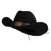 Faux Suede Cattleman Cowboy Hat with Long Horn Skull Buckle - Black OSFM