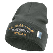 Licensed Made in USA US Submarine Veteran Logo Embroidered 12 Inch Solid Knit Cuff Long Beanie - Graphite OSFM