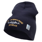 Licensed Made in USA US Submarine Veteran Symbol Embroidered 8 Inch Solid Knit Short Beanie - Navy OSFM