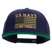 Licensed US Navy Retired Flag Embroidered Wool Blend Prostyle Snapback Cap - Navy OSFM