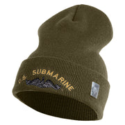 US Submarine Symbol Embroidered 12 inch Cuffed Knit YP Long Beanie - Olive OSFM