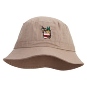 Hand Drawn Cocktail Embroidered Pigment Dyed Bucket Hat - Khaki OSFM