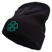 4 Leaf Clover Holiday Embroidered Big Size Cuff Long Beanie - Black XL-3XL