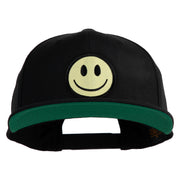Smile Face Circular Patched 5 Panel Flat Bill Twill Snapback Solid Cap - Black OSFM