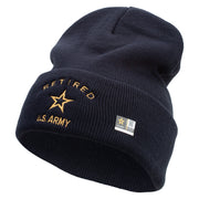 Licensed US Army Retired Military Embroidered 12 Inch Solid Knit Cuff Long Beanie Made in USA - Navy OSFM