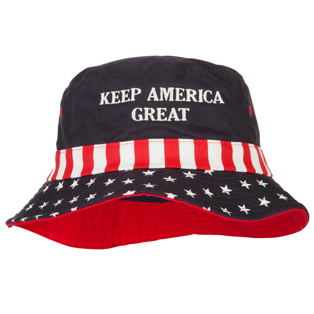 Keep America Great Two Line Letters Embroidered USA Flag Bucket Hat, White Red Blue / L