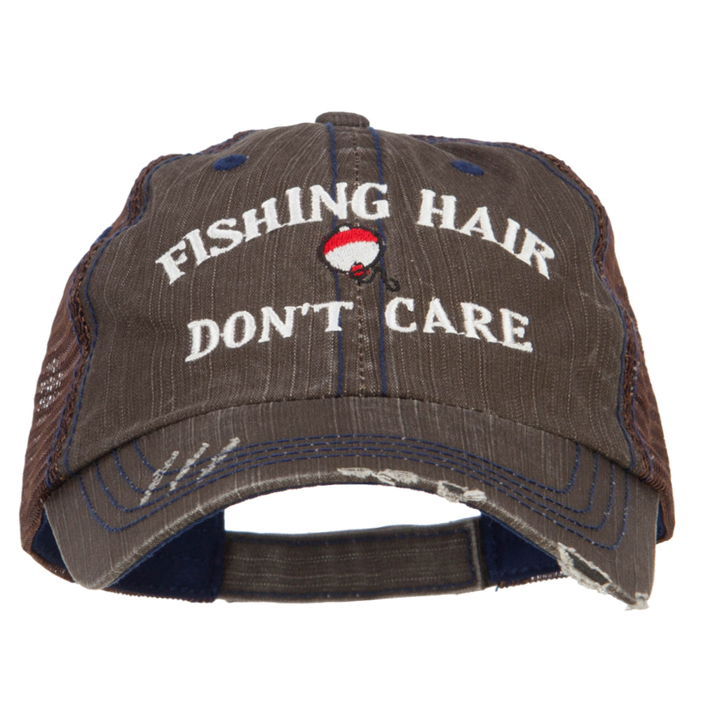 Fishing Hair Don't Care Embroidered Cotton Mesh Cap, Brown / One Size