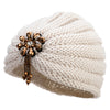 Women's Knitted Turban with Flower Stone - Cream OSFM