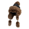 Cross Stitch Knit Fleece Lined Faux Fur Trapper Beanie Hat with String - Black OSFM