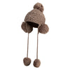 Women's Pearl Knitted Beanie with Ear Pom Poms with Tiestring - Brown OSFM