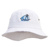 Blue Sail Boat Embroidered Big Size Washed Bucket Hat - White XL-2XL
